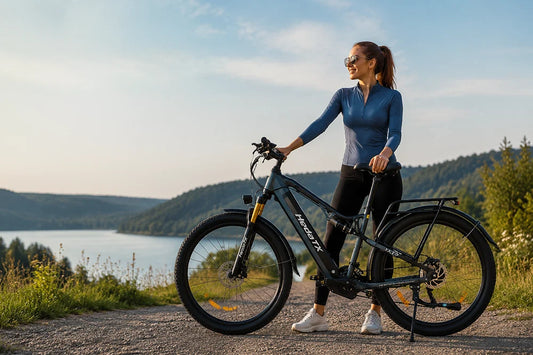 HedaTX e-bike rider enjoying a lakeside outdoor ride, representing long-term electric bike ownership, comfort, and freedom